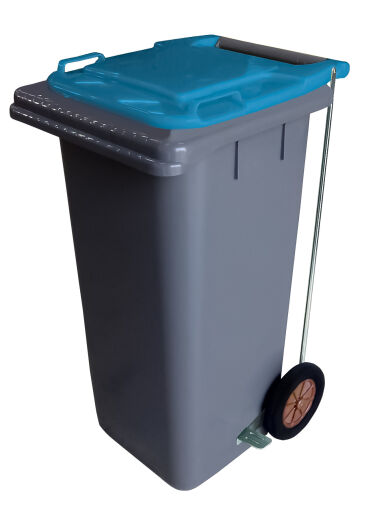 120L GREY PLASTIC WASTE CONTAINER/BLUE LID WITH FOOT PEDAL