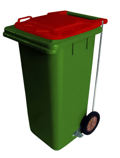 120L GREEN PLASTIC WASTE CONTAINER/RED LID WITH FOOT PEDAL
