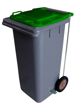 120L GREY PLASTIC WASTE CONTAINER/GREEN LID WITH FOOT PEDAL