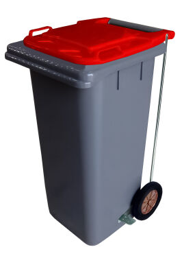 120L GREY PLASTIC WASTE CONTAINER/RED LID WITH FOOT PEDAL
